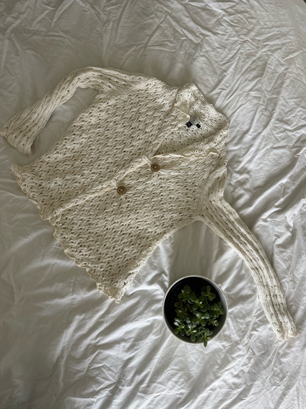 Lightweight Ivory Open-Weave Button Cardigan Sweater